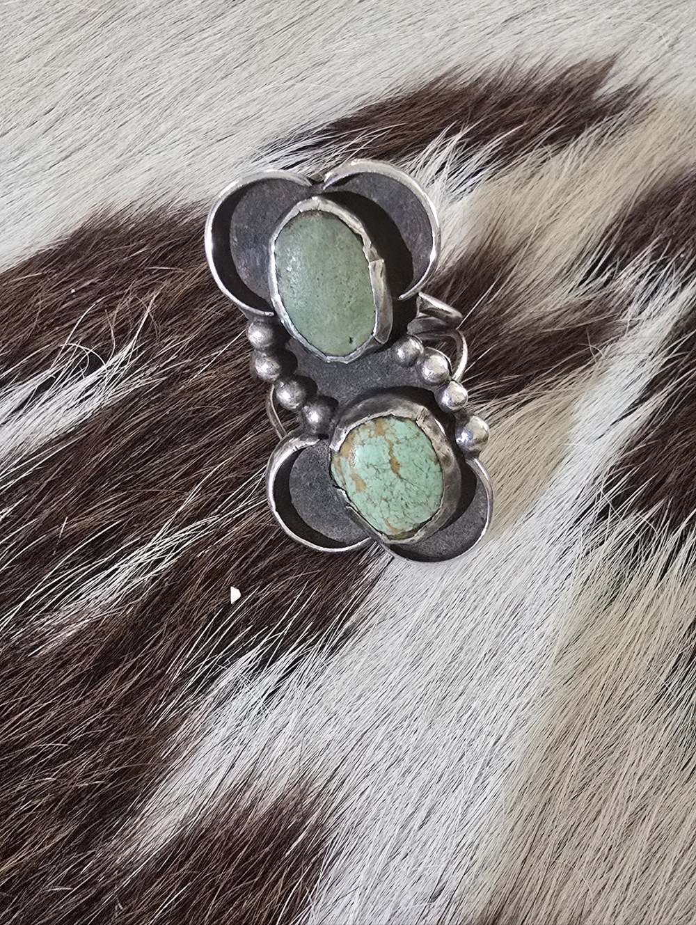 Navajo Sterling Silver Turquoise Double-Stone Ring - Green Turquoise